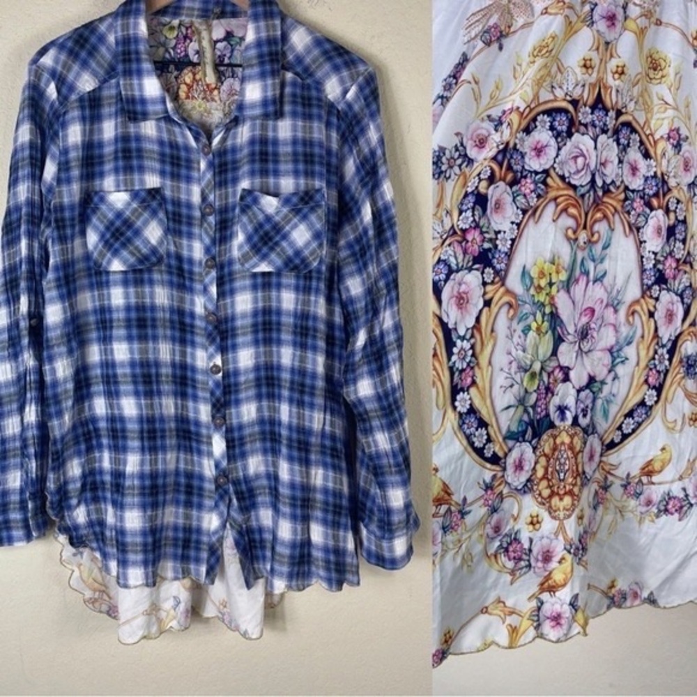 Aratta Blue and White Plaid Shirt with Floral Accent